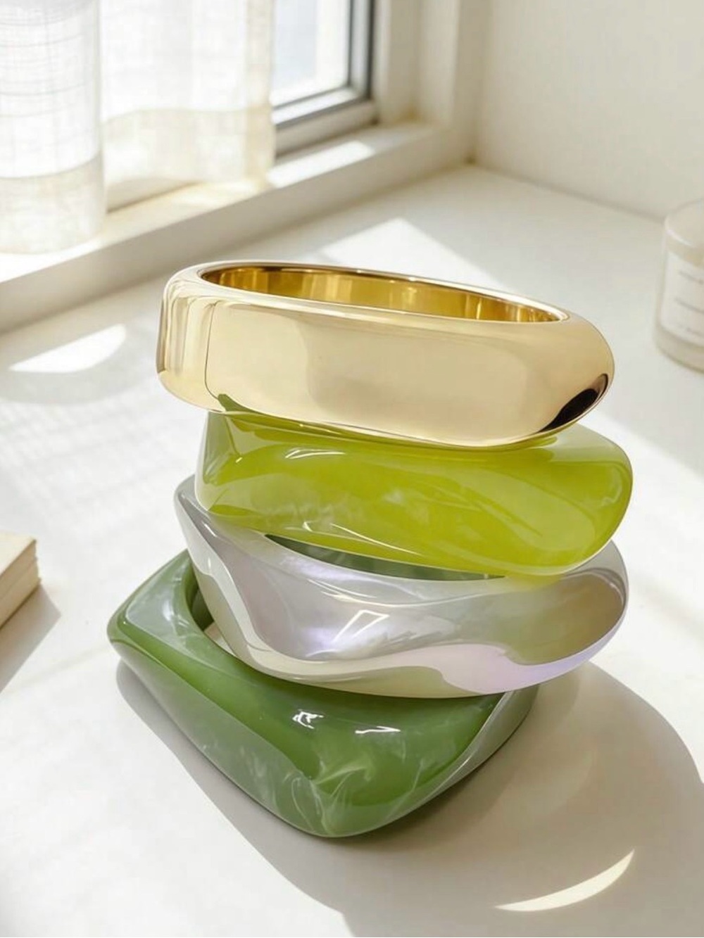 Stacked Resin Bangle Set in Gold, Lime, Pearl & Olive